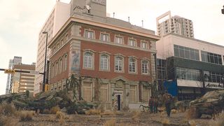 Virtual cinematography; a large old red brick building