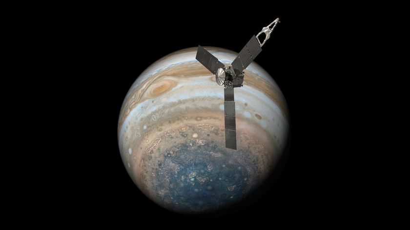 A visualization of NASA&#039;s Juno probe orbiting Jupiter.