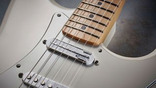 Detail of the Fernandes Sustainer Driver humbucker on a Fender EOB Sustainer Stratocaster electric guitar.