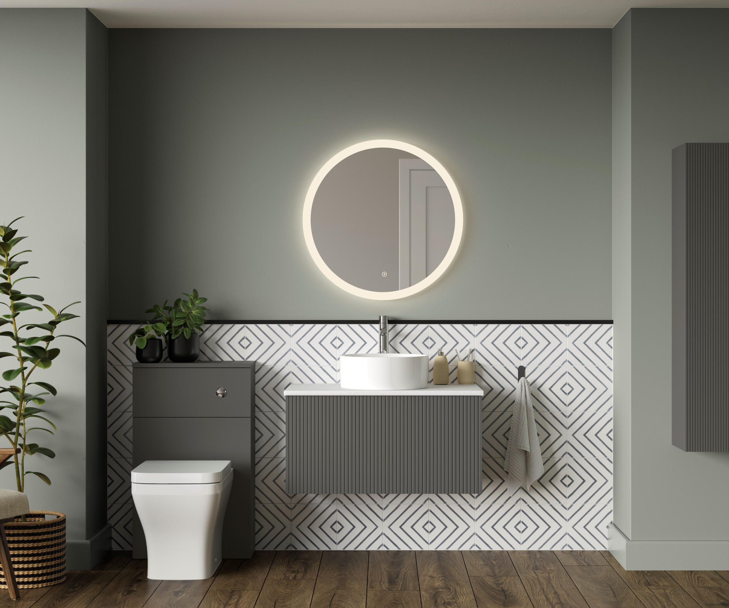 grey bathroom with grey furniture, green painted walls, grey and white tiles, wooden floor