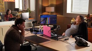 Andrea Bang, James Roday Rodriguez and Allison Miller in a radio studio in A Million Little Things