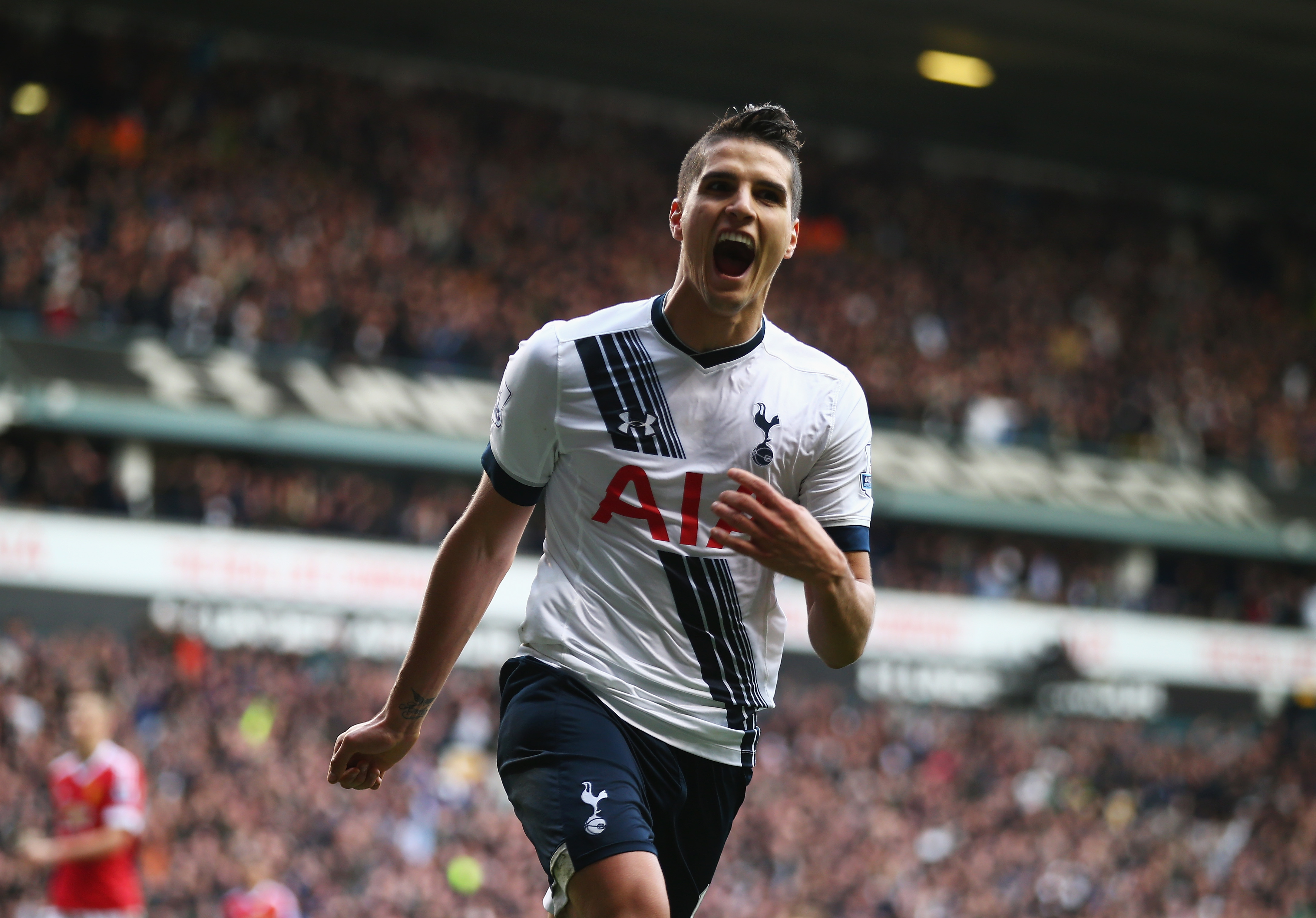 Erik Lamela celebrates after scoring for Tottenham against Manchester United at White Hart Lane in April 2016.
