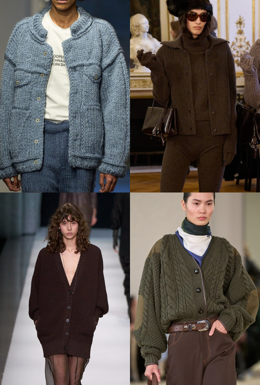 Four images from the autumn winter 2026 runways featuring models wearing chunky knit cardigans