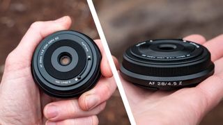 The tiny Viltrox AF 28mm F4.5 lens nestled in user's hand