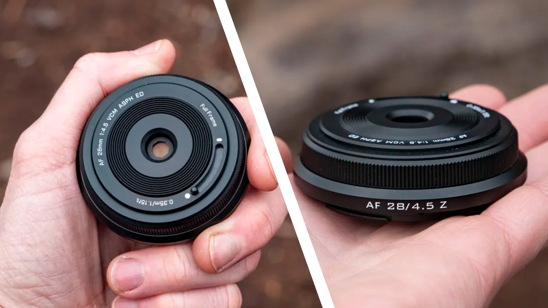 The tiny Viltrox AF 28mm F4.5 lens nestled in user's hand