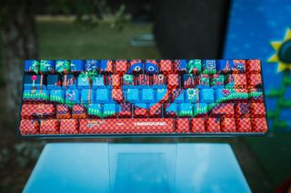 Overhead view of Sonic Green Hill Zone keyboard on display