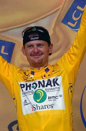 Floyd Landis (Phonak) on stage in yellow