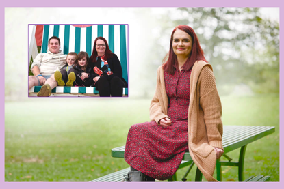 Anna Roberts sitting on a bench beside a picture of her family