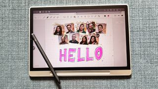XPPen Magic Note Pad review; a tablet on an chair, a stylus, and on its display photos of people and doodles
