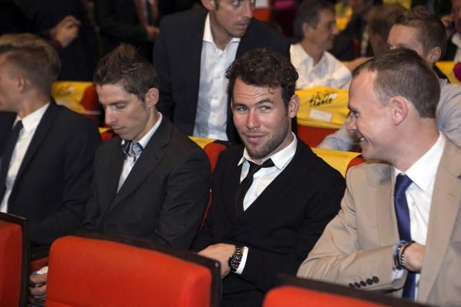 Rui Costa, Mark Cavendish and Chris Froome await the presentation of the 2014 Tour de France route