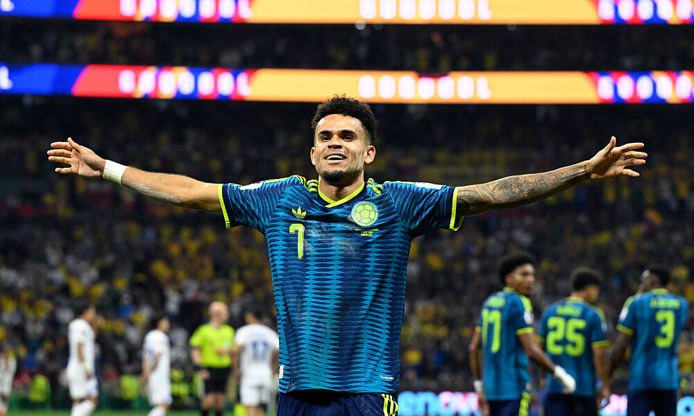 Colombia's forward Luis Diaz celebrates scoring his team's second goal during the 2026 World Cup Group K football match between Uzbekistan and Colombia at the Mexico City Stadium. 