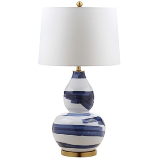 sculptural table lamp with blue and white base