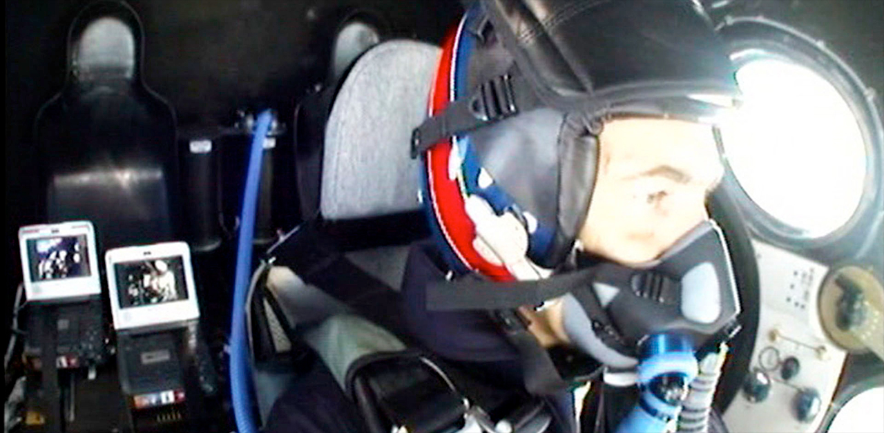 Brian Binnie seen in flight at the controls of SpaceShipOne on his record-setting, solo suborbital spaceflight.