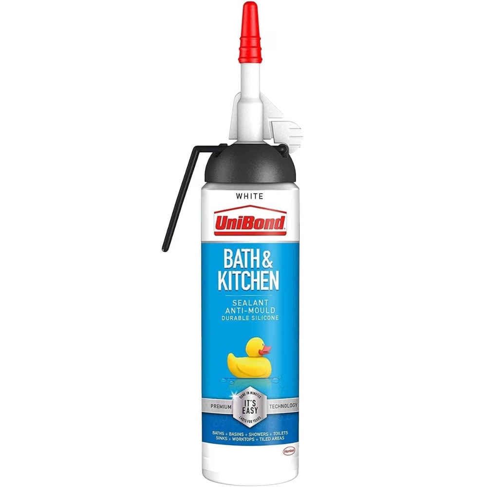 White UniBond Bath &amp;amp; Kitchen anti-mould silicone sealant canister with a built-in trigger applicator.