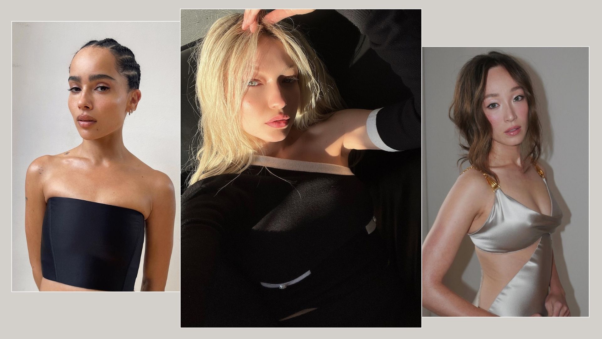 A collage of Zoe Kravitz, Gigi Hadid and Havana with natural makeup looks
