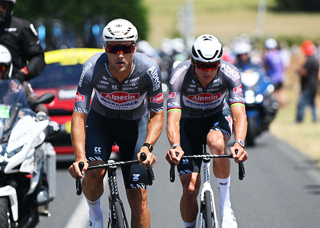 CHATEAUROUX, FRANCE - JULY 13: (L-R) Jonas Rickaert of Belgium and Mathieu van der Poel of Netherlands and Team Alpecin - Deceuninck compete in the breakaway during the 112th Tour de France 2025, Stage 9 a 174.1km stage from Chinon to Chateauroux ) / #UCIWT / on July 13, 2025 in Chateauroux, France.