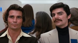 James Brolin and Richard Benjamin talk while riding to the park in Westworld.