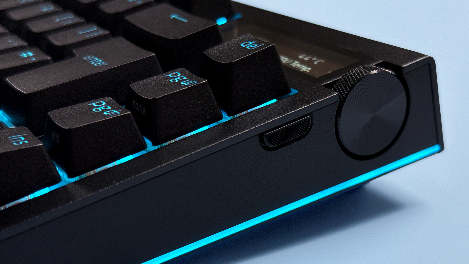 Razer BlackWidow V4 Pro 75% keyboard from various angles on a light blue background