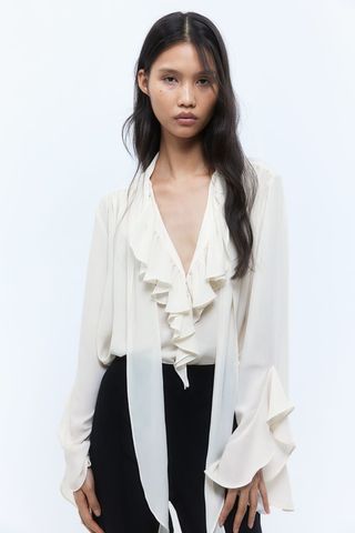 Flounce-Trimmed Tie-Neck Blouse