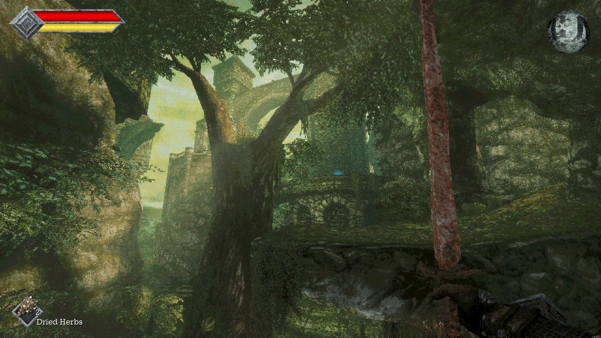 Looking through Grassy forest in Queen's Domain, with light filtering through trees and fortress in background.