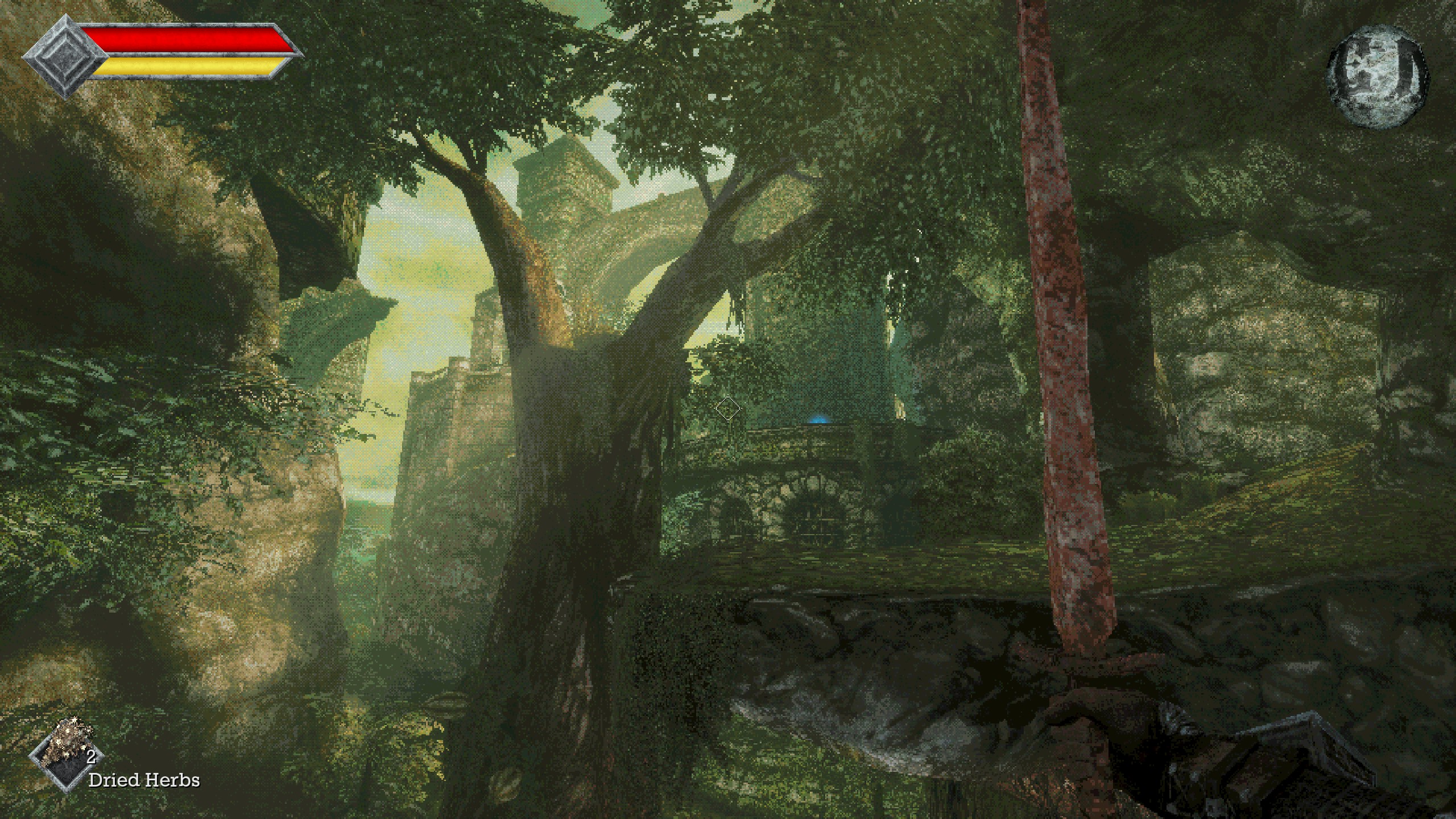 Looking through Grassy forest in Queen's Domain, with light filtering through trees and fortress in background.