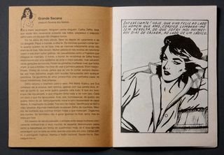 Inside brown cover on left, woman on right