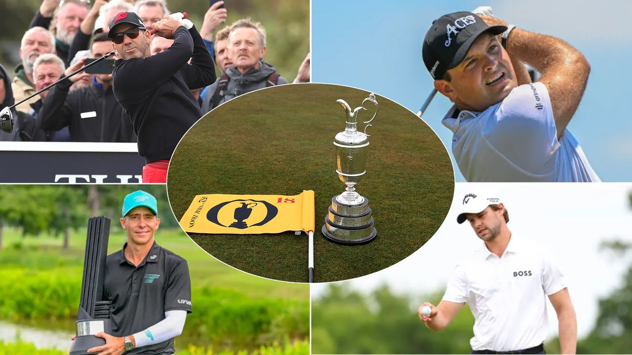 Four golfers and an Open Championship flag