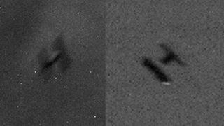 two black and white images of an H-shaped satellite, which appears blurry against a background of a few dozen stars