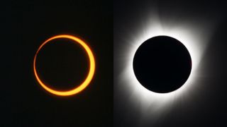 on the left is an orange ring of light, an annular solar eclipse on the right right is a black circle with a bright white glow surrounding it, this is a total solar eclipse.