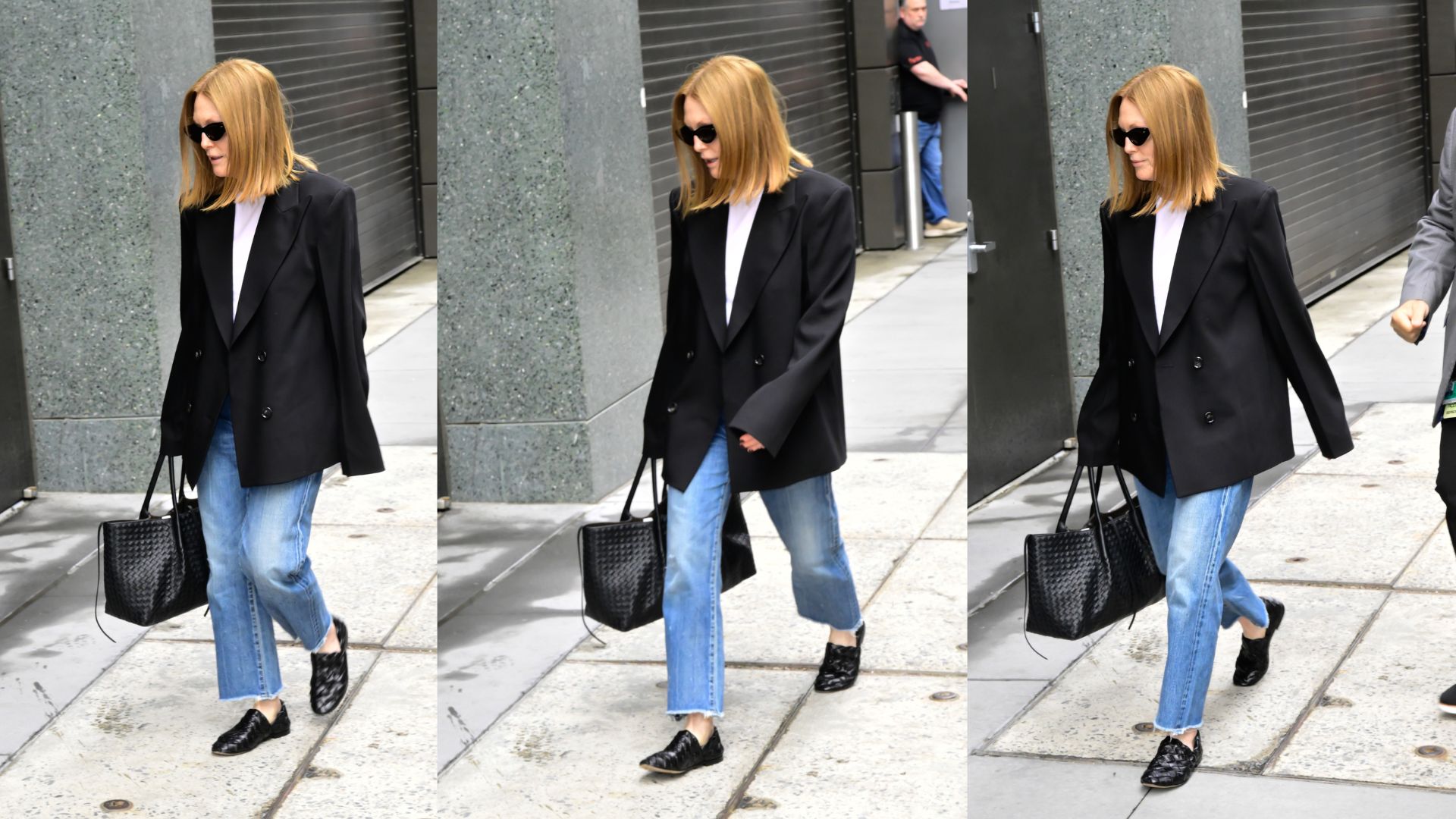 Julianne Moore in sunglasses, black blazer and jeans