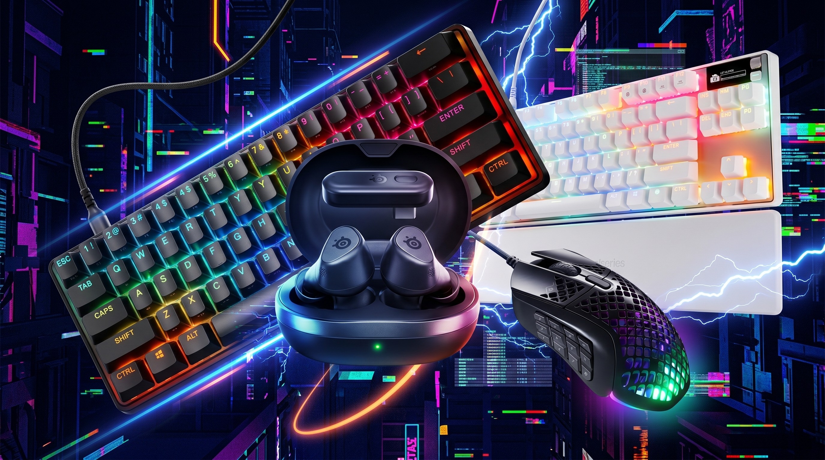 Colorful gaming setup with two RGB keyboards, wireless earbuds in a charging case, and a glowing gaming mouse against a digital, lightning-filled background.