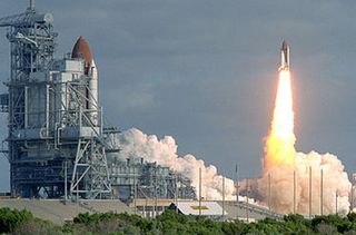 The launch of Hubble Space Telescope on April 24, 1990. This photo captures the first time that there were shuttles on both pad 39a and 39b.