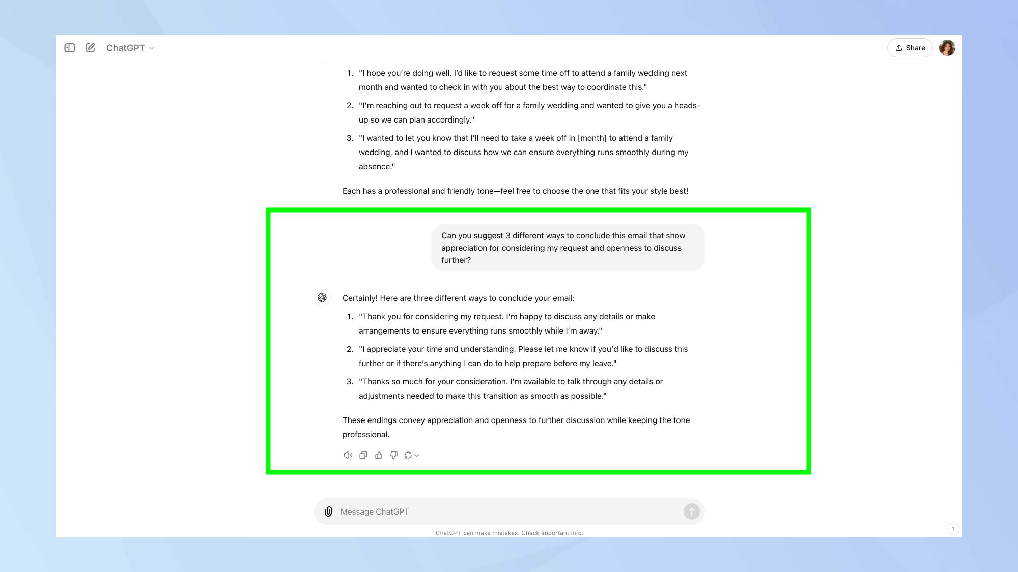 ChatGPT three closing sentences email prompt