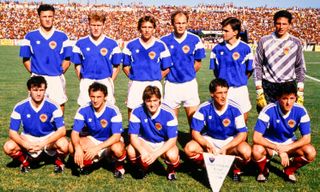 The Yugoslavia team line up for a photo at the 1990 World Cup in Italy