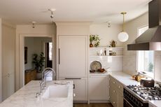 A comfortable kitchen in neutral colors