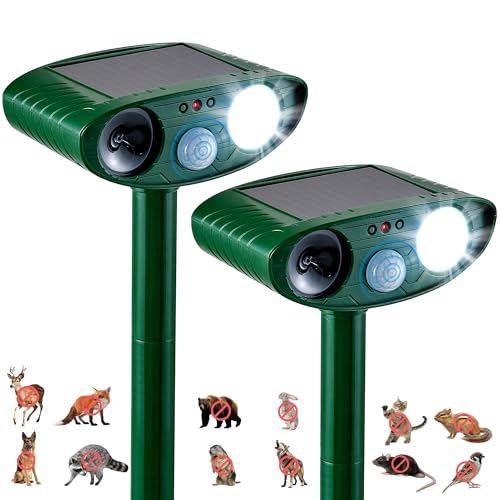 2 Pack Solar Animal Repeller for Raccoons, Deer &amp;amp; Squirrels - Ultrasonic &amp;amp; Strobe Light, Outdoor Deterrent for Cats, Dogs, Raccoons, Rabbits, Skunks, Foxes &amp;amp; More