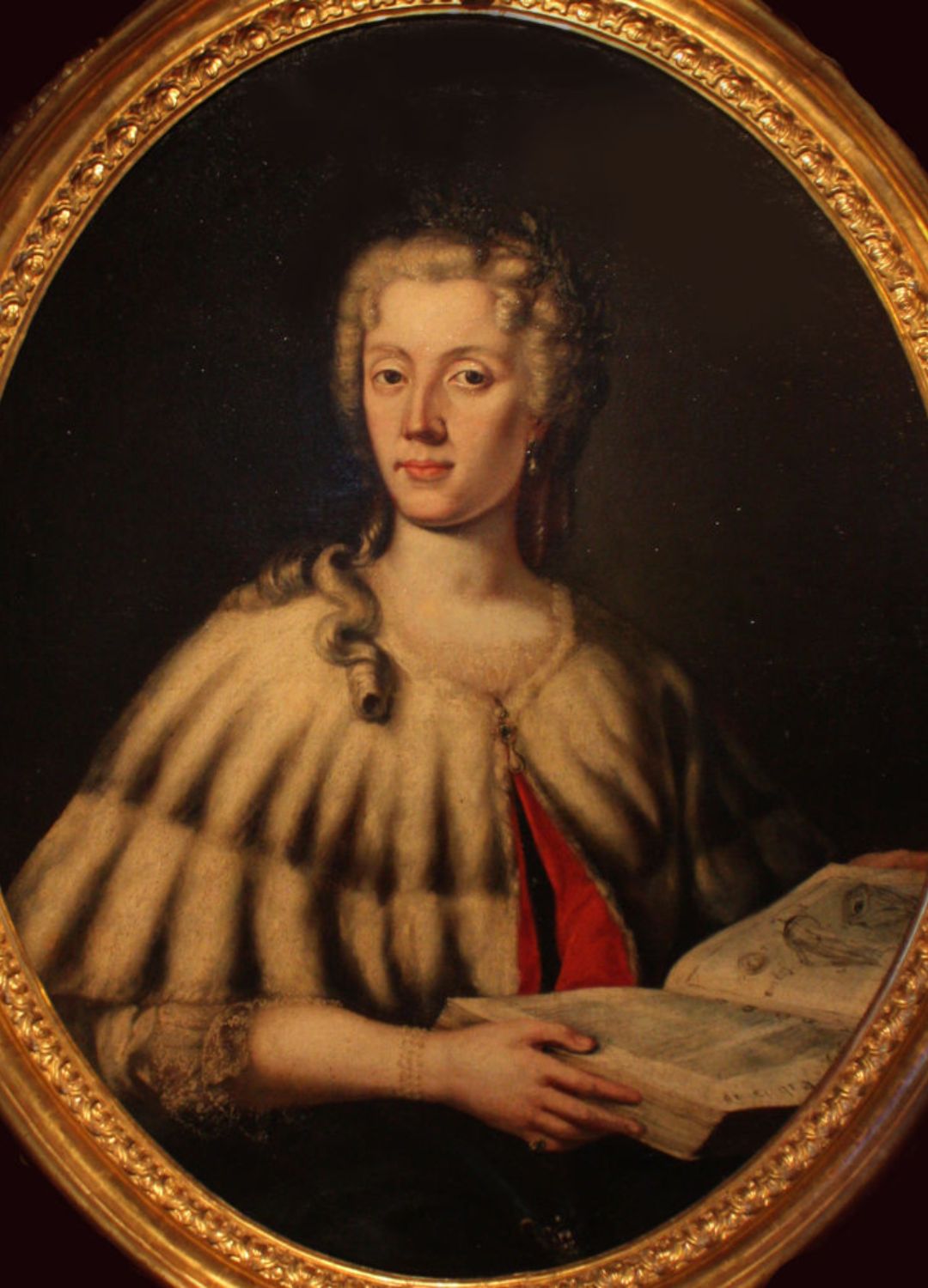 A painting of Laura Bassi holding a book