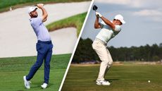 Learn from the best golfers: Scottie Scheffler hitting an iron shot and Rory McIlroy at the top of his backswing with driver