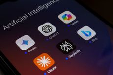 The logos of Google Gemini, ChatGPT, Microsoft Copilot, Claude by Anthropic, Perplexity, and Bing apps are displayed on the screen of a smartphone.