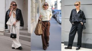 Street style influencers showing shoes to wear with wide-leg pants stompy boots