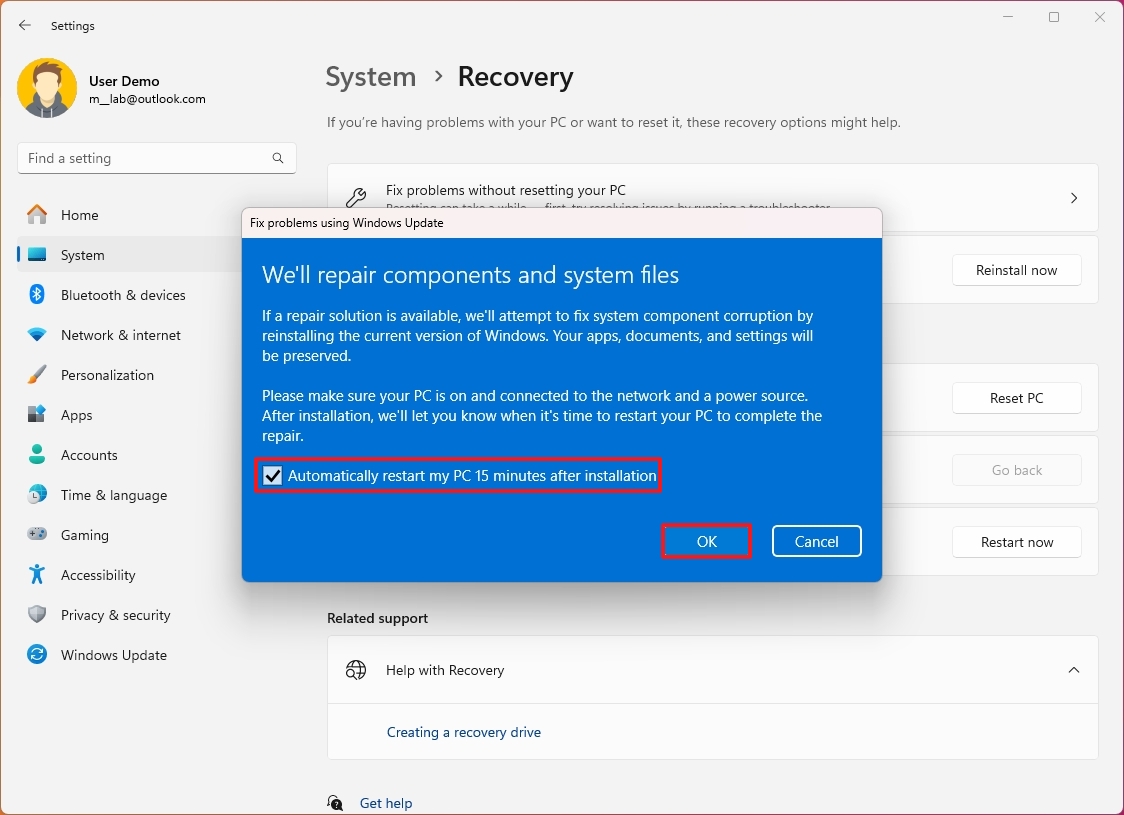 Automatically restart my PC 15 minutes after installation