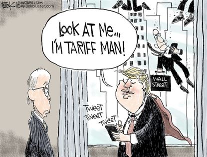 Political cartoon U.S. Trump tariff man tweet Wall Street