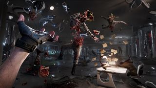Atomic Heart — a first-person screenshot from Atomic Heart, with the protagonist using telekinesis to lift the disintegrating corpse of a human-plant zombie hybrid.