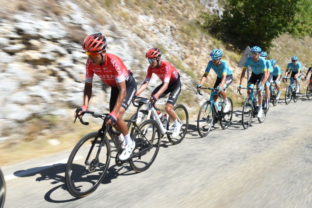 Colombias Nairo Quintana L of Team AkeaSamsic rides during the Mont Ventoux Denivele Challenge on August 6 2020 at the Mont Ventoux southern France Mont Ventoux Denivele Challenge is a 182 kms one day race from VaisonLaRomaine to Mont Ventoux with nearly 4000 meters of ascending elevation Photo by Sylvain THOMAS AFP Photo by SYLVAIN THOMASAFP via Getty Images