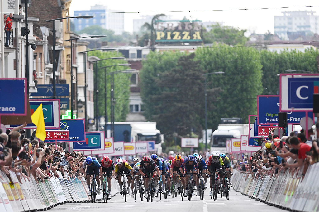 LENS FRANCE MAY 13 A general view of Pascal Ackermann of Germany and Team Israel Premier Tech Biniam Girmay of Eritrea and Team Intermarche Wanty Alberto Dainese of Italy and Team Tudor Pro Cycling Arnaud Demare of France and Team Arkea BB Hotels Bryan Coquard of France and Team Cofidis Jake Stewart of Great Britain and Team Israel Premier Tech sprint at finish line to win the stage during the 1st Classique Dunkerque Grand prix des Hauts de France 2025 a 1935km one day race from Dunkerque to Lens on May 13 2025 in Lens France Photo by Luc ClaessenGetty Images