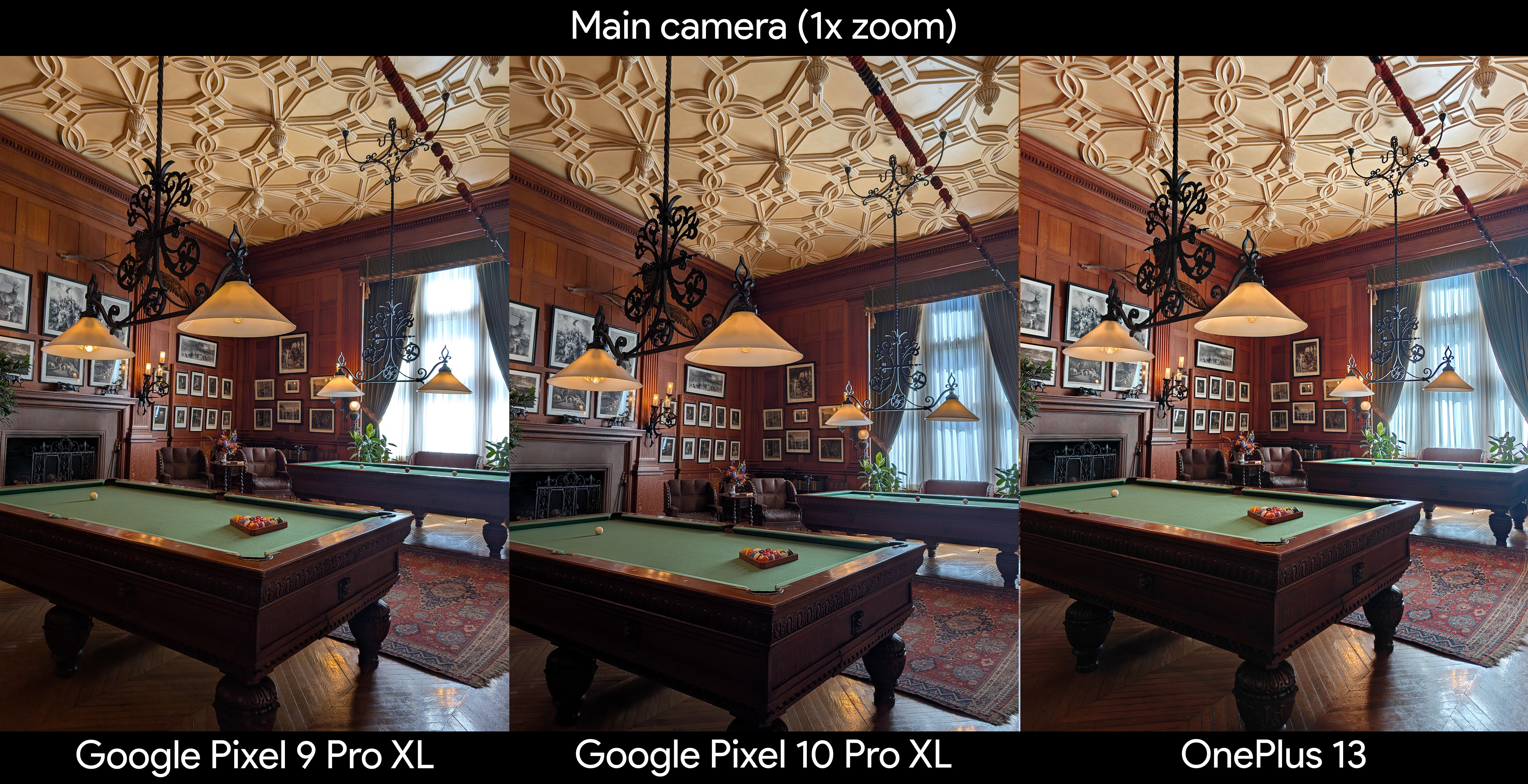 Comparing photos of a billiard room between the Google Pixel 10 Pro XL, Google Pixel 9 Pro XL, and OnePlus 13