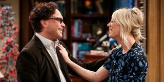 Kaley Cuoco and Johnny Galecki as Penny and Leonard on The Big Bang Theory