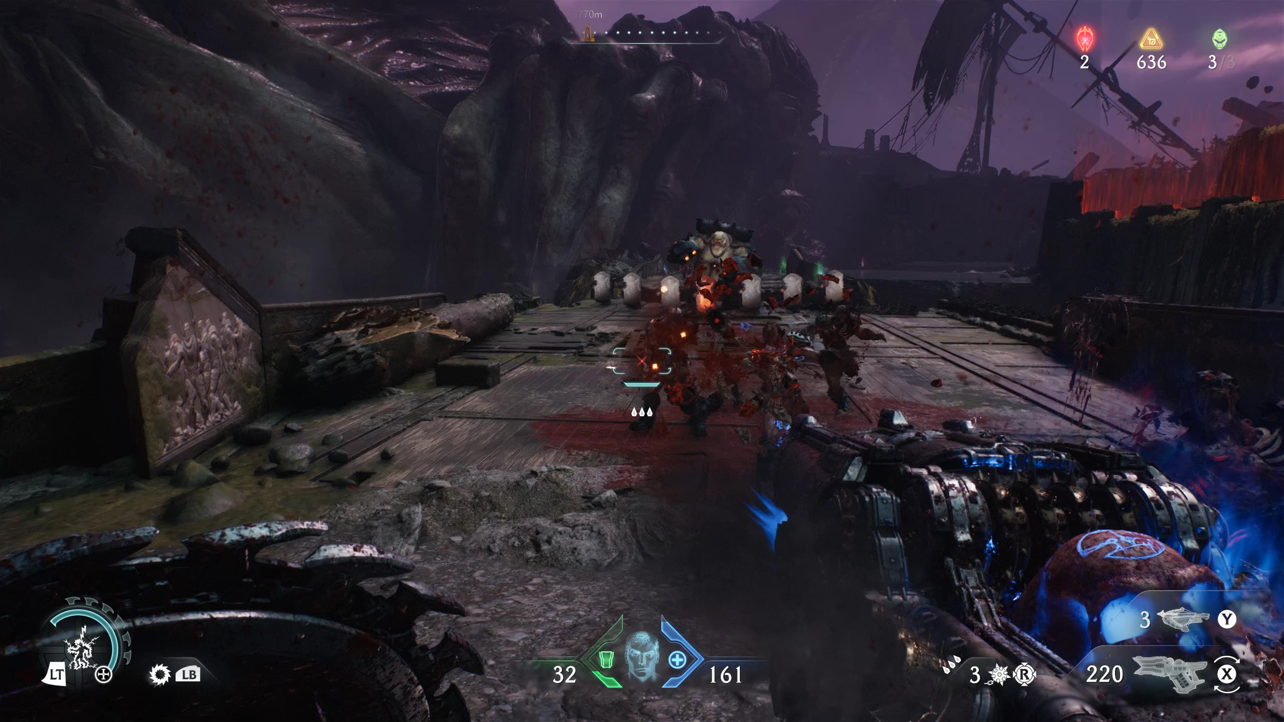 Shooting out skull fragments on a broken up shipwreck in Doom: The Dark Ages