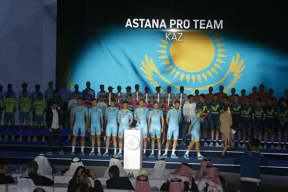 Astana team presented at the Tour of Dubai opening ceremony.