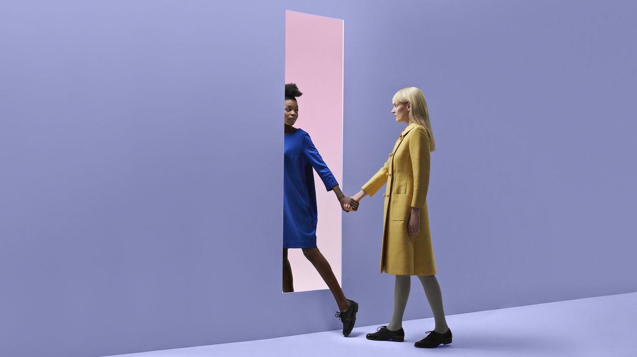 Blue, Yellow, Standing, Fashion, Fashion design, Electric blue, Dress, Gesture, Art, Animation, 